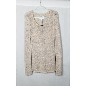 JOA Los Angeles Womens M Cream Blue Open Knit Scoop Neck Sweater Casual Cozy